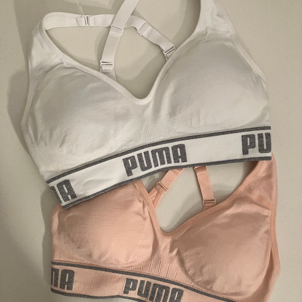 Puma Sports Bras NWOT Set Of 2 Women's Sz Small White & Pink Stretchy Adjustable